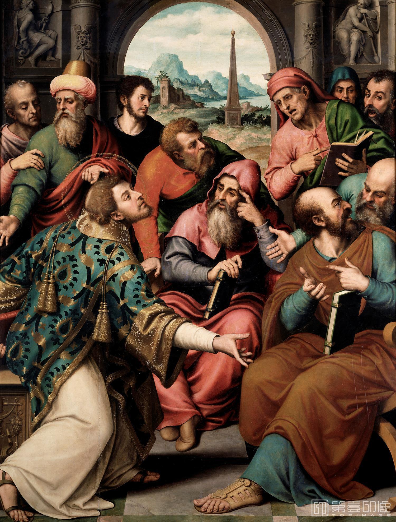 油画-西班牙普拉多美术馆油画藏画-Juanes, Juan de-San Esteban en la sinagoga-160cm x 123cm-1463